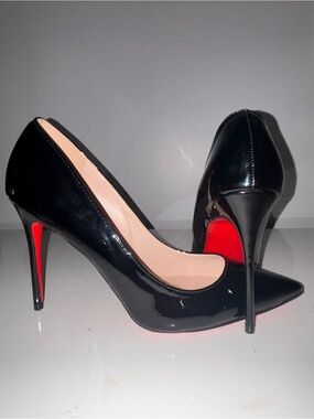Christian Louboutin Black Patent Pointed Toe Stiletto Pumps with Red Soles